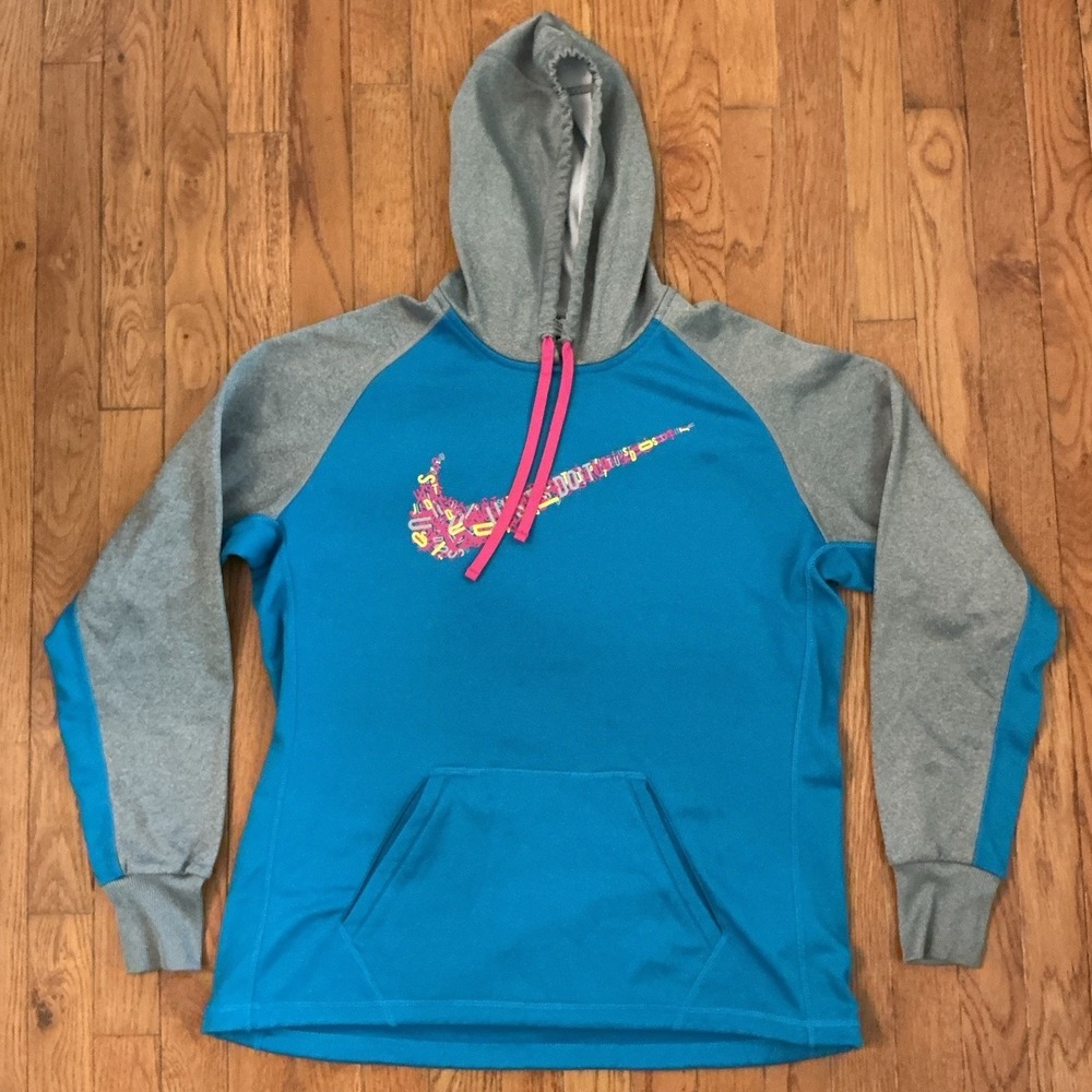 Nike Hoodie Womens Large Blue Gray Therma-Fit Just Do It Swoosh Thumbholes